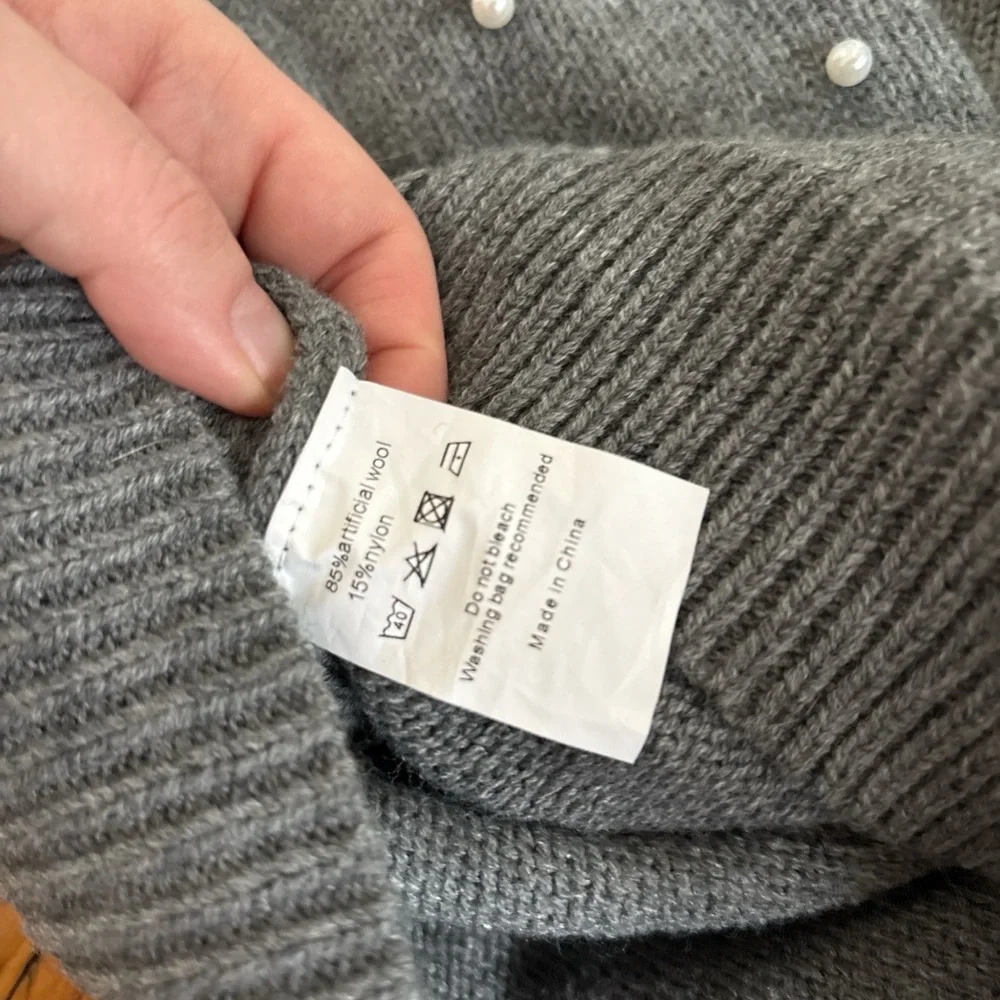 Elegant Gray Sweater with Pearl Accents